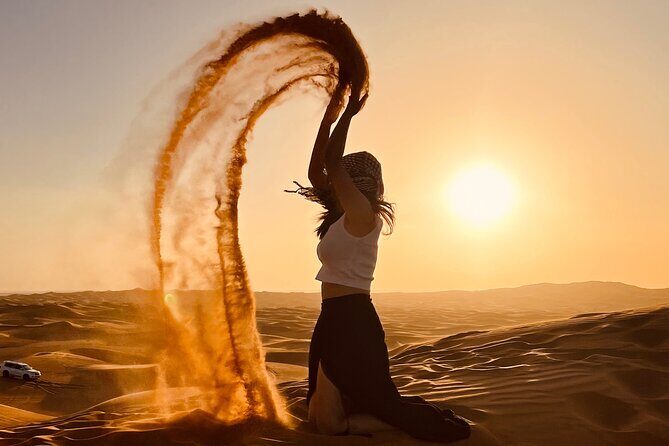 Dubai Desert Safari & Buffet Dinner and Camel ride with PRIVATE CAR - Sunset photography stop: how to get good desert photos without fuss