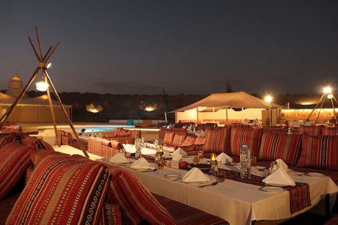 Dubai Desert Safari with Desert Camp Dinner, Camel Ride & Shows - Dinner at the camp: luxury banquet style, with live BBQ stations