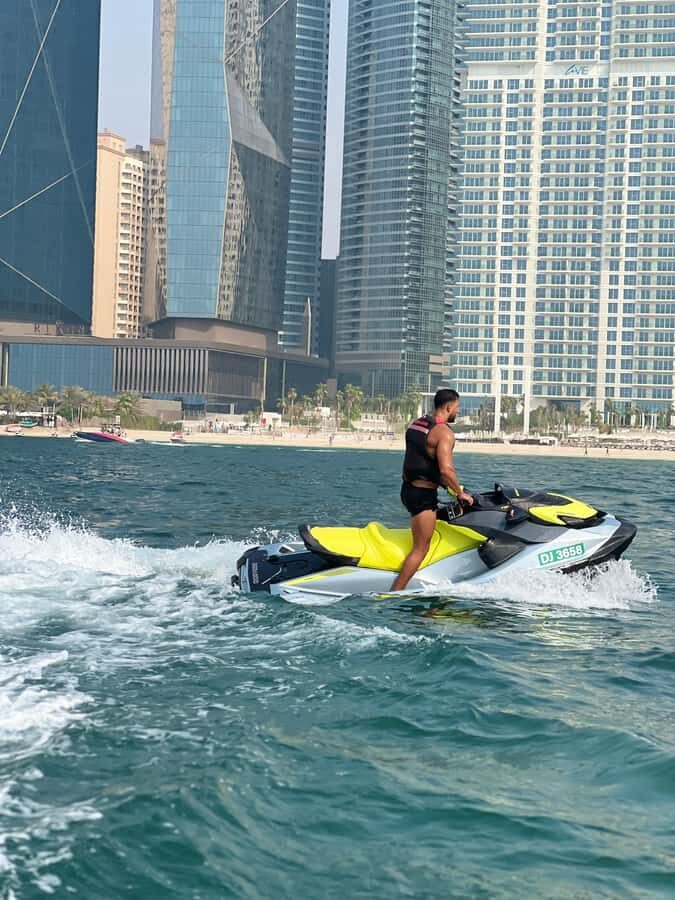Dubai East: Guided JetsKi Ride with Sound System! - The route: Dubai Eye, Palm Jumeirah, and Atlantis from East Marina