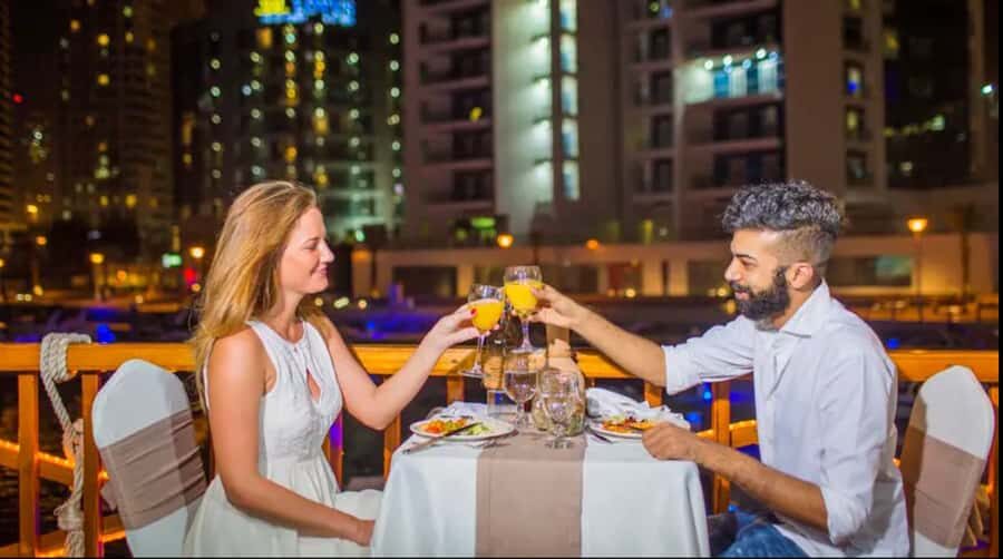 Dubai Marina: Alexandra Dhow Dinner Cruise with Live BBQ - The route you’ll see: JBR, Bluewaters, Dubai Harbour, Cayan Tower, and Ain Dubai