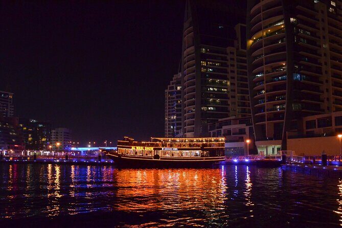 Dubai Marina Dhow Cruise Including Pick Up & DROP OFF SHARING - Dubai Marina at night: the views you came for