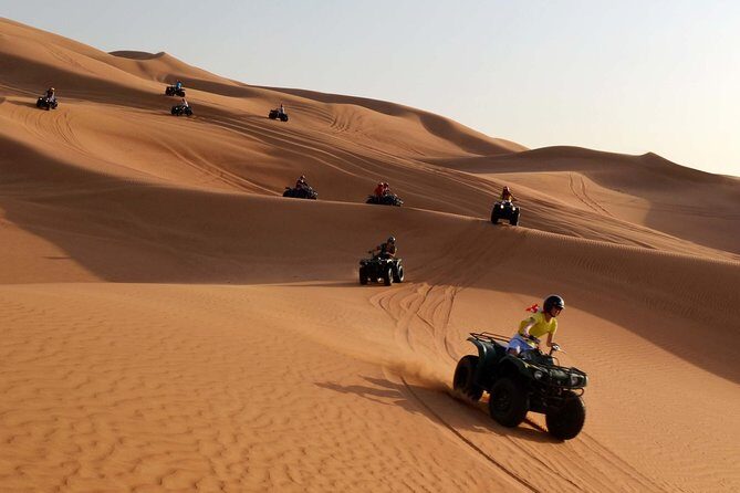 Dubai Morning Quad Bike with Sandboarding and Camel Ride - Desert Departure in an Air-Conditioned Land Cruiser