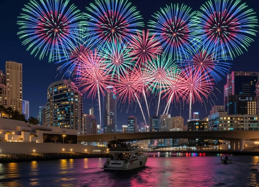 Dubai: New Year Eve Luxury Yacht Fireworks View & BBQ Cruise - The Land Photo Stops: Ain Dubai, JBR, Atlantis, Burj Al Arab