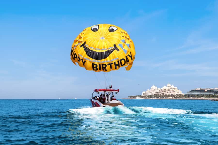 Dubai: Parasailing with Happy birthday Parachute JBR & Palm - The Views: JBR, Marina, the Palm, and Dubai Eye from 200m Up