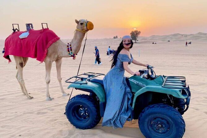 Dubai Premium Evening Desert Safari ATVs, Dinner & Shows - Lahbab red dunes: ATV or buggy, AC dune bashing, sandboarding