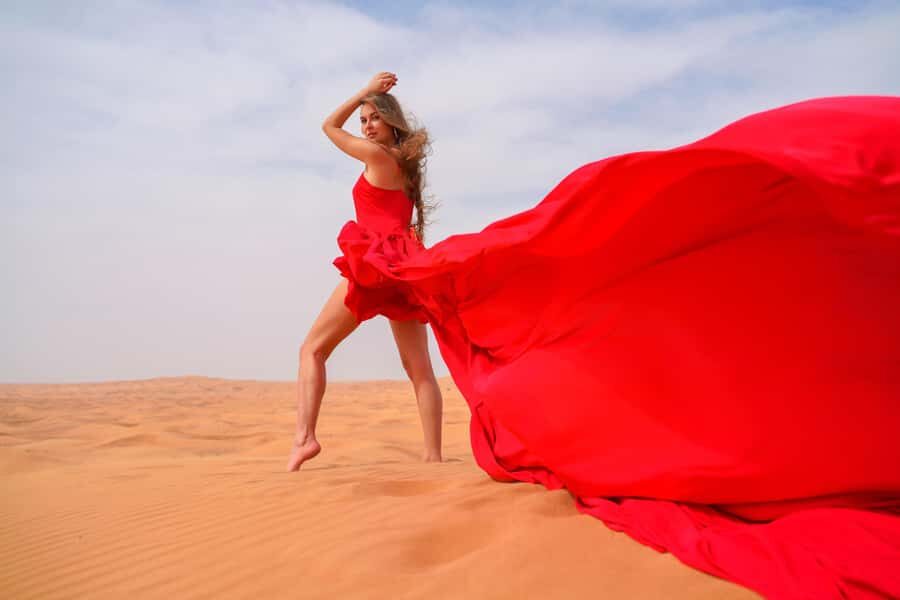 Dubai: Private Flying Dress Photography and Dune Drive Trip - Your 4-Hour Flow: Pickup, Dress Choice, Dunes, Then Back