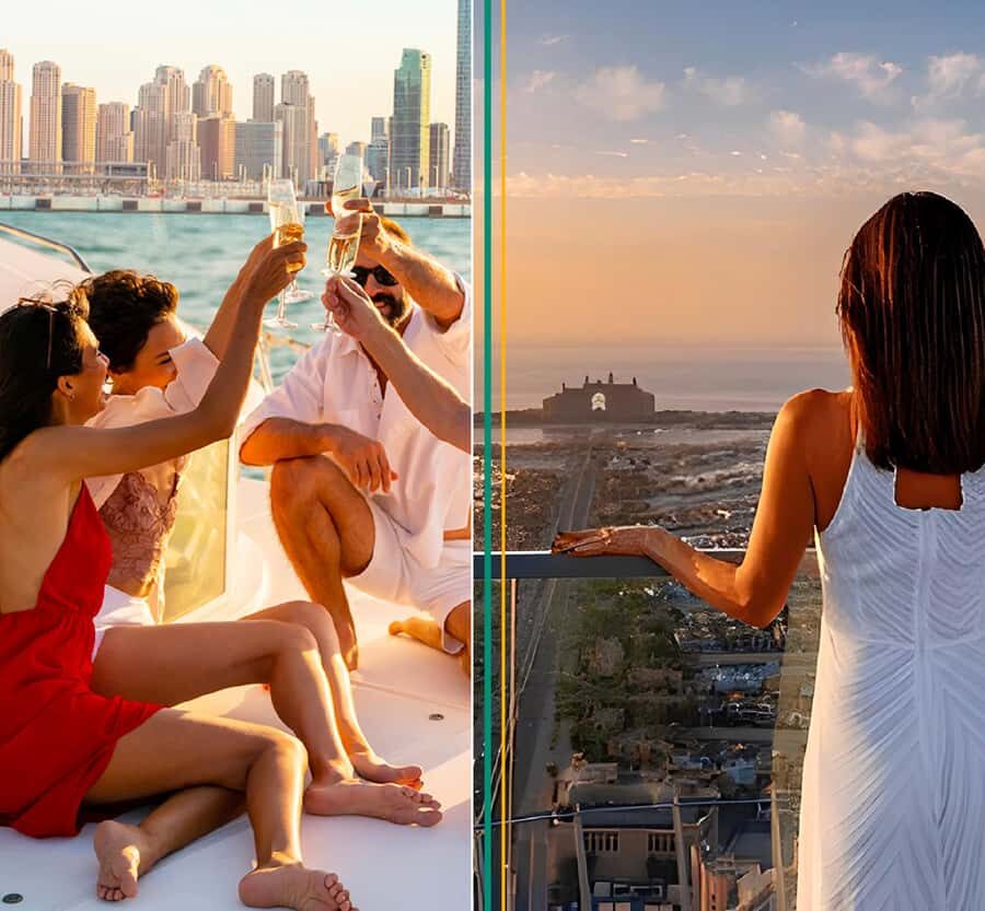 Dubai: The View At The Palm Ticket & 1.5 Afternoon Yacht - Terraces and photo angles: indoor AC vs open-air breeze