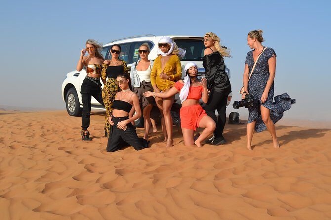 Exclusive private vehicle, front table, food served by Buttler - Camp arrival: Arabic coffee, henna, and a short camel ride