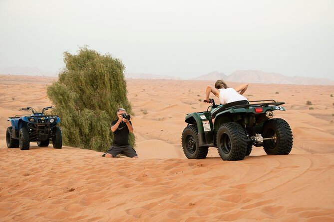 Quad Bike Tour 1 Hr 350 CC Yamaha Sandsurf & Refreshment - Sandboarding plus camel safari: adrenaline, then variety