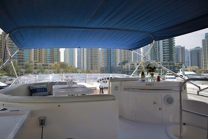 Yacht Trip Dubai : Book 56 ft Premium Yacht up to 21 people - On Board Comfort: Drinks, Towels, and Space for Up to 21
